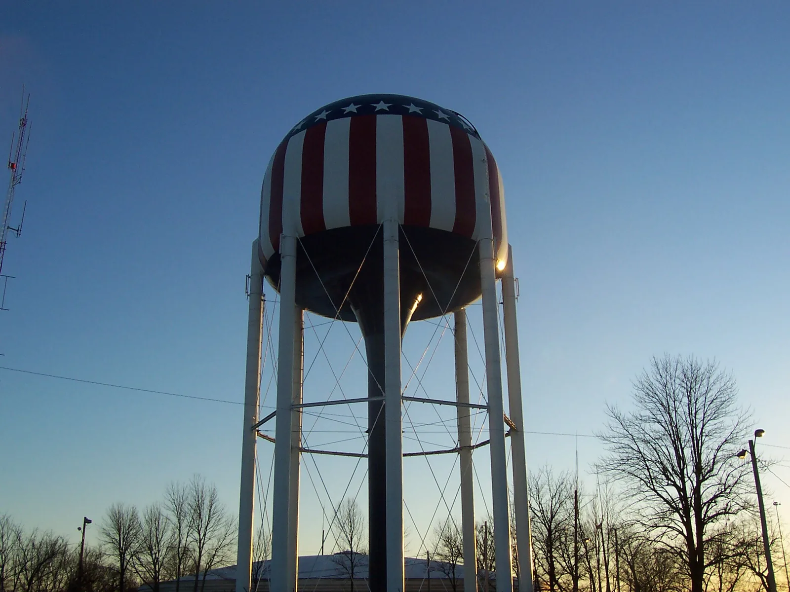 The water tower painted as a U.S. flag atop Reservoir Hill, at the east end of East Main Avenue in Bowling Green