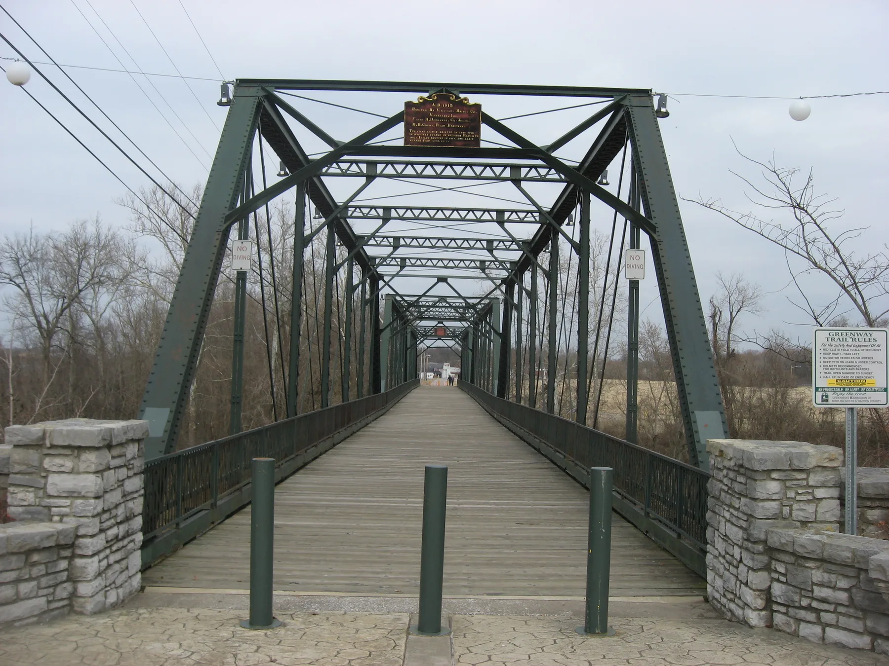 The College Street Bridge, a 1915 pedestrian bridge over the Barren River at Mitch McConnell Park in Bowling Green