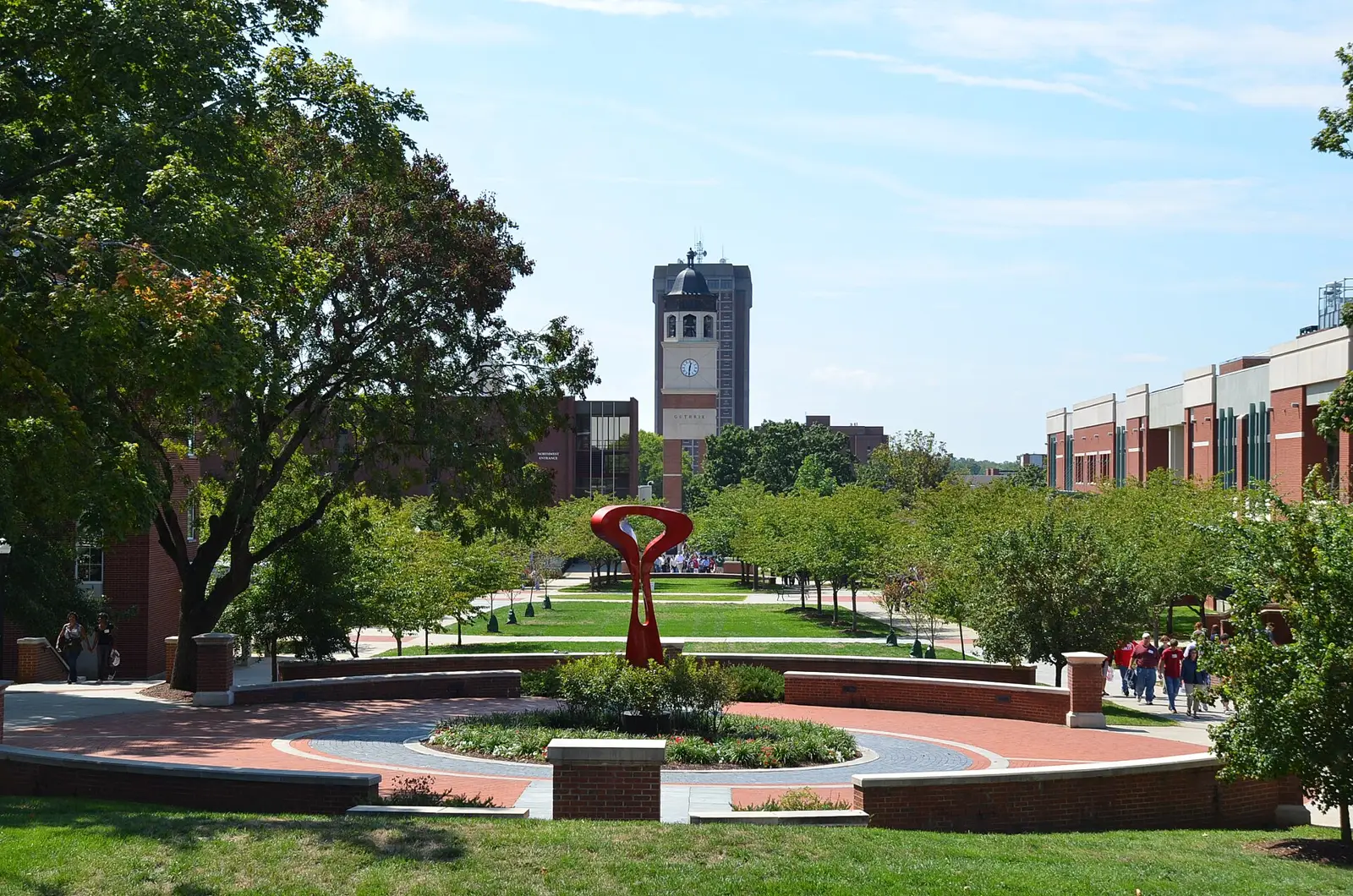 The center of the Western Kentucky University campus in Bowling Green, with Guthrie Bell Tower in the distance