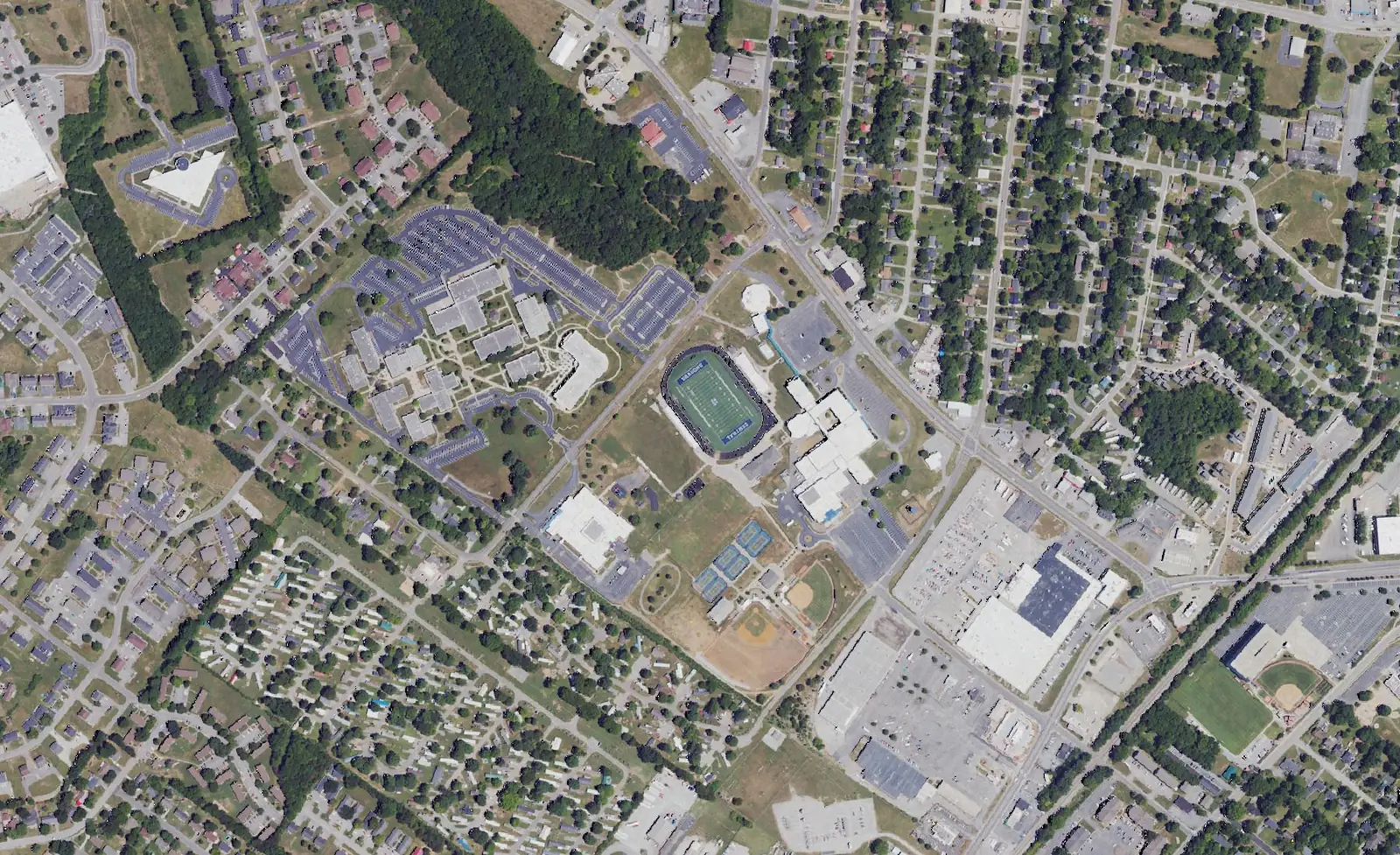 Warren Central High School's stadium, Warren Elementary and the buildings along Loop Drive and Morgantown Road in Bowling Green, seen from the air in 2022
