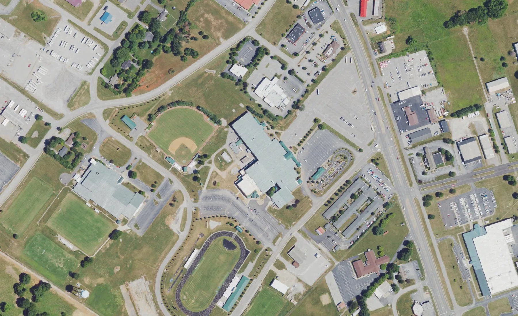 Greenwood High School off Scottsville Road in Bowling Green, with its ball fields and track, seen from the air in 2022