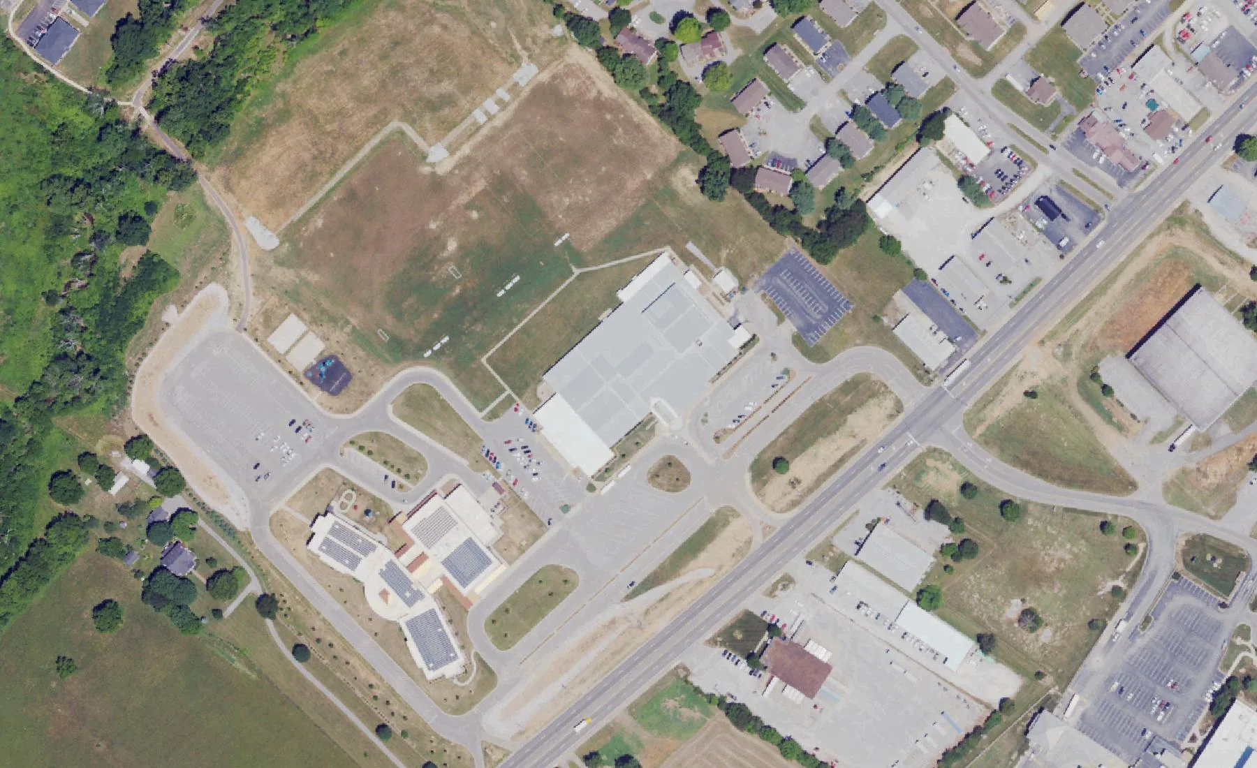 Henry F. Moss Middle School on Russellville Road in Bowling Green, seen from the air in 2022