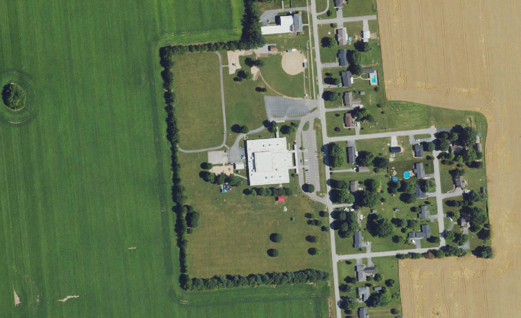Oakland Elementary on Church Street in Oakland, seen from the air in 2022