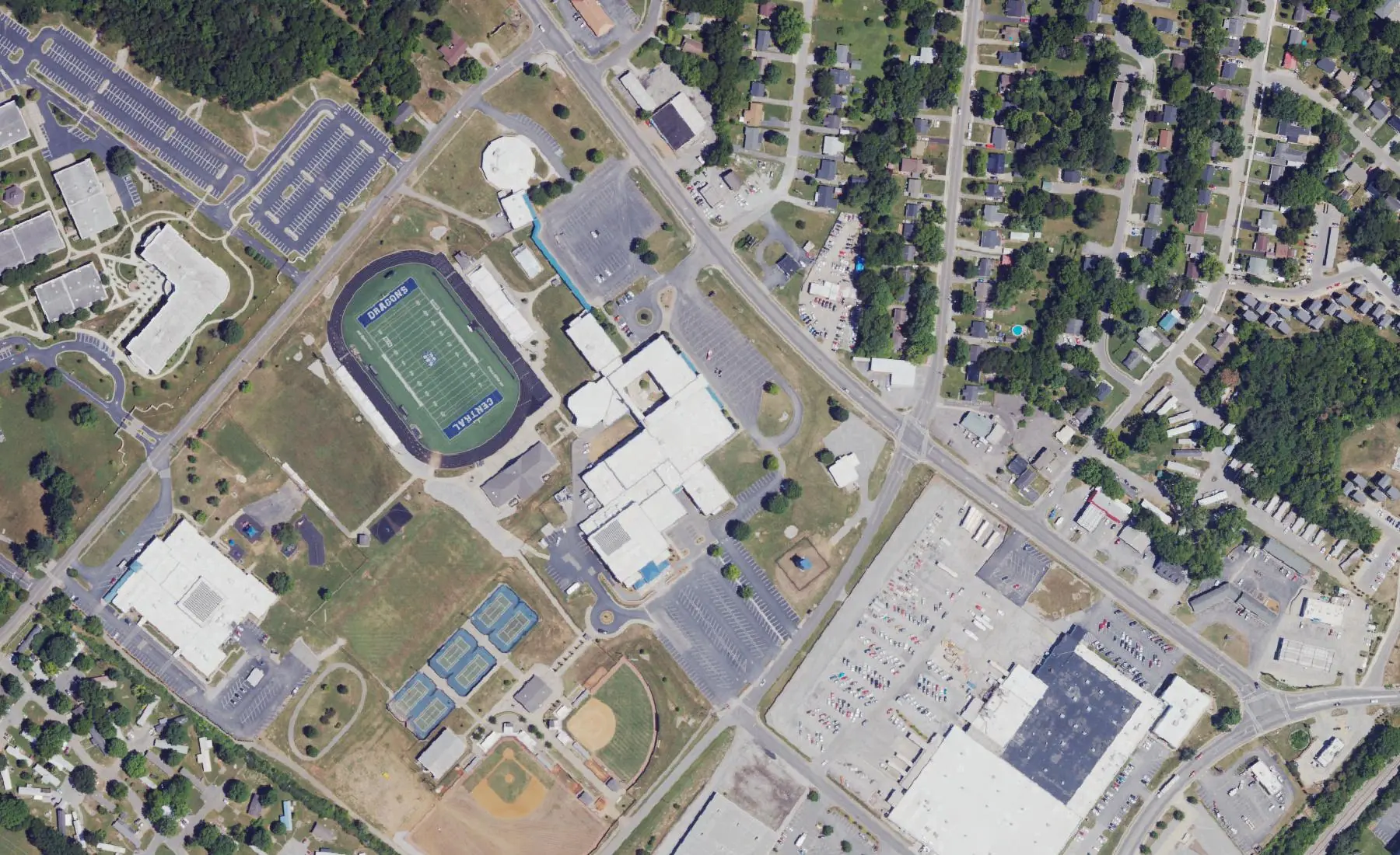 Warren Central High School on Morgantown Road in Bowling Green, with its football stadium, seen from the air in 2022