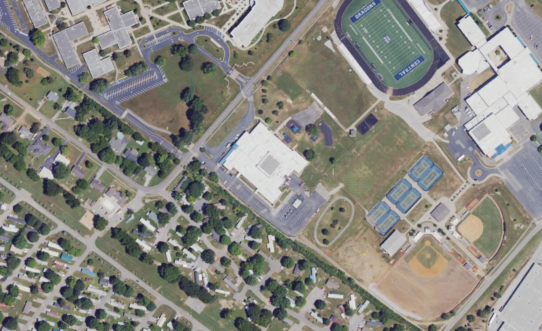 Warren Elementary, center, next to Warren Central High School's football stadium in Bowling Green, seen from the air in 2022
