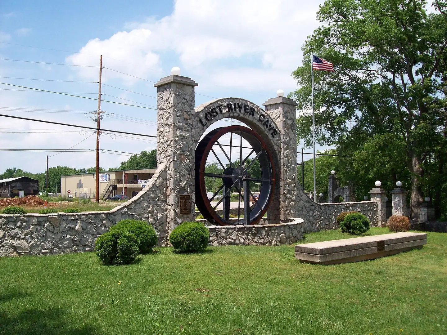 The stone entrance arch and water wheel at Lost River Cave on Nashville Road in Bowling Green