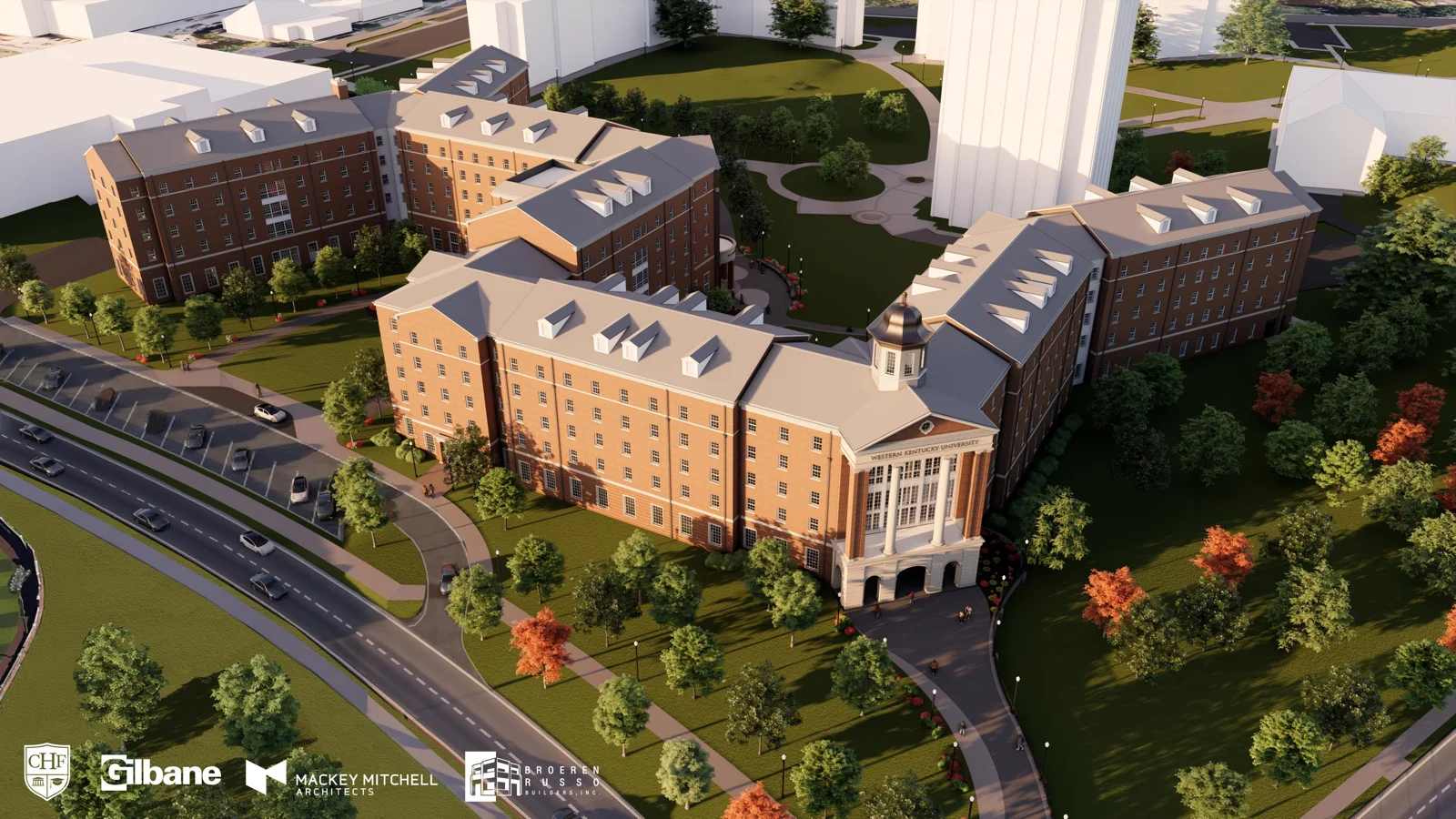 Aerial architect's rendering of a large red-brick residence hall with gray roofs, dormer windows and a white-columned entrance under a cupola, set among trees beside a curving road and parking lot.